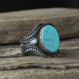 Band Rings Vintage Round Geometry Metal Inlay Blue Stone Grave Silver Colours Flower for Men Party Jewellery Gift H240425