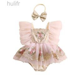 Rompers pudcoco Newborn Infant Baby Girl Outfit Embroidery Flower Fly Sleeve Romper with Bowknot Hairband Summer Clothes 0-24M d240425