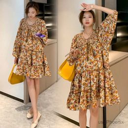 Maternity Dresses Wholesale maternity floral dress spring autumn plus size woman clothes ruffles patchwork pregnant woman beach dress yellow shirt