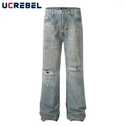 Men's Jeans Ripped Dirty Color Denim Pants Mens Loose Washed Distressed High Street Wide Leg Beggar