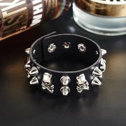 Charm Bracelets Punk Hip-hop Style Leather For Men Skeleton Skull Spike Alloy Steel Jewellery Hiphop Bracelet Party Gift