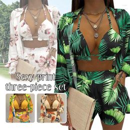 Women's Swimwear 2024 Europe Womens Summer Beach Printed 3-Piece Sexy Fashion Casual Holiday Style Shirt Cardigan Female Bikini Bra Shorts