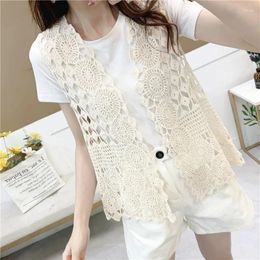 Women's Vests Summer Hollow Out Crochet Lace Vest Korean Style Sleeveless Beige White Knit Cardigan Holiday Beach Thin Cover-Up Jacket