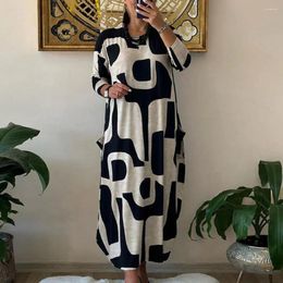 Casual Dresses Retro Women Dress Color Matching Print Loose Long Sleeve O Neck A-line Ankle Length Pockets Pullover Maxi