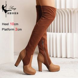 Boots Elastic Force OvertheKnee Boots Vintage Matte Upper Velvet High Heels Pumps Spring And Autumn 10CM Chunk Heeled Women Shoes