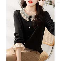 Women's Blouses Clothing Vintage Lace Patchwork Elegant Blouse Korean Style Black Long Sleeve Shirt Casual Sweet Chic Tops Female Blusas