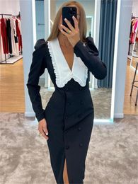 Casual Dresses Zabrina Fashion Party Long Dress Gown 2024 Fall Clothes Female Elegant Patchwork V-Neck Contrast Slim High Split Prom