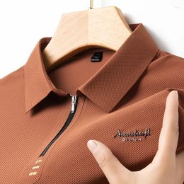 Men's Polos 2024 Summer Embroidered Ice Silk Zipper Polo Shirt Business Casual Traceless Lapel T-Shirt Wear