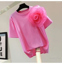 Women's T Shirts Exquisite Flowers Contrast Color Straight T-shirt Woman 2024 Summer Korean Style Loose Cotton Tshirt Casual Round Neck Top