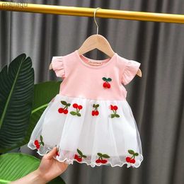 Girl's Dresses Fly Sleeve Baby Girl Summer Dress Mesh Short-sleeved Dresses Stitching Embroidery Yarn Skirt Cotton Cherry Princess Skirt 0-3YL2404