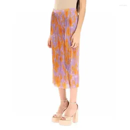 Skirts 2024 Autumn Women Purple Orange Jacquard Pleated Chiffon Skirt