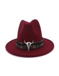 Fashion Wide Brim Cowboy Fedora Hat Bull Head Decoration National Style Men Women Wool Felt Trilby Ethnic Gambler Hats Jazz Panam4096449