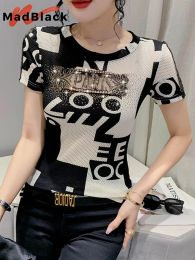 T-Shirts MadBlack Summer TShirt Chic Sexy ONeck Print Letter Patchwork Shiny Diamonds Women Tops Short Sleeve Hand Make Tees T25004L