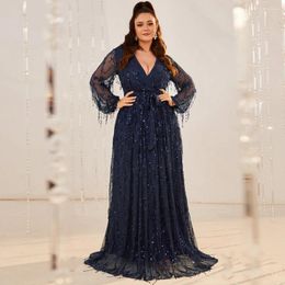 Party Dresses 2024 Long Sleeves Navy Evening Dress Unique Sequin Tulle A Line Floor Length Plus Size Women Wedding Prom Gowns