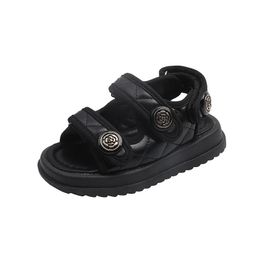 2023 Children Summer Sandals Chic Girls Casual Sandals Solid Black Kids Fashion Princess Japanese Style Classic Flowers Buckle 240418