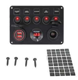 5 Gang Boat Switch Panel Car Switch Panel Waterproof Digital Voltmeter Dual USB Port 12V Outlet Combination Marine LED Rocker Car9083022