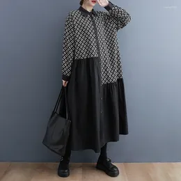 Casual Dresses 2024 European American Fashion Autumn Black Dress Patchwork Print Floral Loose Women Spring Blouse Work