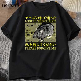 Men's T-Shirts Japanese style lost in cheese mouse T-shirt mens cotton short sleeved T-shirt mens clothing T-shirtQ240425