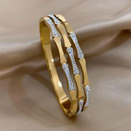 Charm Bracelets AENSOA 2024 Inlaid Zircon Bamboo Stainless Steel Bangles For Women Unique Hollow Gold Colour Wrist Jewellery