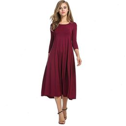 Damen Sommerkleid Modesrunde Halshemd mit halb Ärmeln Vollfarbener breiter Saum