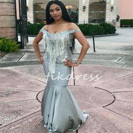 Luxury Silver Crystal Prom Dresses For Black Women 2024 Off Shoulders Mermaid Rhinestone Evening Dress Aso Ebi Tassel Fistail Formal Dress Elegant Birthday Party