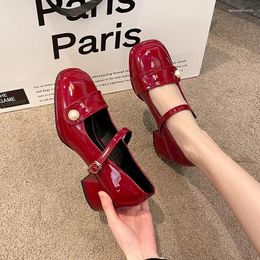 Dress Shoes Fashion Women High Heels Mary Janes Patent Leather Thick Heel Pumps Buckle Round Toe Female Footwear White Red Lolita