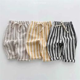 Hose Vintage Leinen Baumwollstreifenhosen für Jungen Freizeitpocket Design Elastics Taillenhose für Kleinkindmädchen Kleidung Kinder Hose H240425