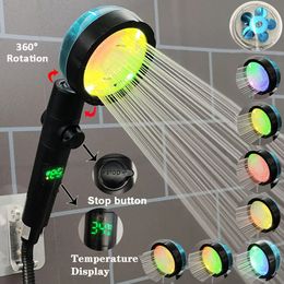 LED Digital Temperature Display Shower Head Control Colorful Fan Spray Nozzle High Pressure Rainfall Bathroom 240415