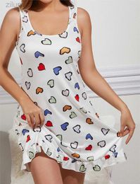 Sexy Pyjamas Sexy Heart Print Slip Nightdress Lettuce Trim Round Neck Sleep Dress For Valentines Day Womens Sleepwear Dresses 2024 d240425