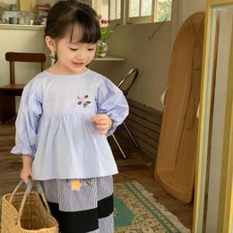 Clothing Sets Korean Style Embroidery Set Spring Fashion Doll Shirt Striped Casual Skirt Two Piece Children Girls Dress