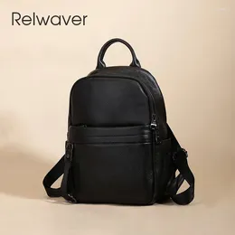 School Bags Relwaver Brief Backpack Genuine Leather Black Big Capacity Soft Daily Women Casual Bag 2024 Winter