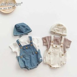 Rompers Summer Infant Baby Girls Boys Sleeveless Denim Buttons Overalls Kids Fashion Clothing Cotton Jumpsuits Gift Hat Bodysuits d240425