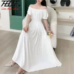 THHONE Women Dress White Cotton Korean Style Floral Casual Vintage Vestidos Robe Maxi Long Off Shoulder Bohemian Beach Dresses 240424