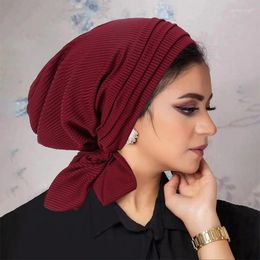 Ethnic Clothing Solid Color Stripe Long Tail Headwear Hats Muslim Women Hijab Bonnet Pleated Ruffle Turban Chemo Cap Underscarf Hair Loss