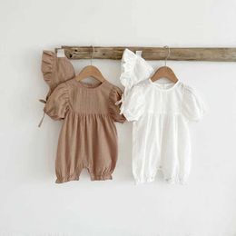 Rompers Summer Baby Rompers Short Sleeve Toddler Girls Jumpsuits Infant Baby Boys Romper With Hat H240425