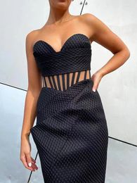 Casual Dresses Summer Sexy Strapless Long For Women 2024 Elegant Mesh Patchwork Hollow Out Bodycon Celebrity Evening Party Dress Club