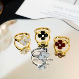 High-end Luxury Ring Vancllef S925 Pure Silver Clover Full Diamond Natural White Fritillaria Red Black Agate