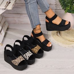 Women's Wedge High Heel Peep Toe Sandals Leopard Platform Sandals Ladies Thick Sole Summer Shoes Espadrilles Zapatillas Mujer 240419