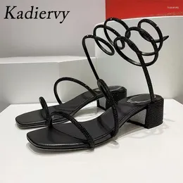 Dress Shoes Summer Chunky Heels Sandals Women Diamond Ankle Straps Slip On Peep Toe Outwear Sexy One Belt Crystals For Woman