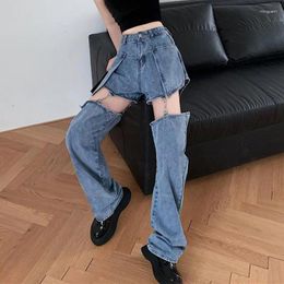 Women's Jeans Biyaby Hollow Out Denim Trousers Women 2024 Summer Detachable Loose Female Hip Hop Streetwear High Waist Wide Leg Pants