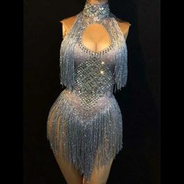 Stage Wear 6 Colours Sparkly Rhinestones Tassel Leotard Nightclub Dance DS Show Stage Wear Stretch Bodysuit Party Female Singer Outfit d240425