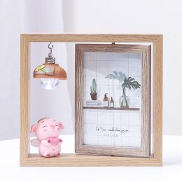 Frames Photo frame creative Nordic photo frame setup doublesided rotating wooden photo frame with light cartoon pig