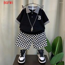 Clothing Sets Korean Teenage Boy Summer Plaid Kids Suit Baby Children Polo Set Thin Short Sleeves Patchwork Shirt Shorts 2 Pc Casual