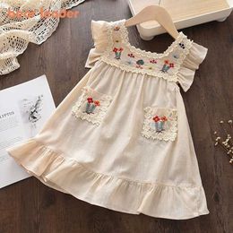 Girl's Dresses Bear Leader Girls Flower Embroidered Dress Summer Retro Flying Sleeve Princess Dresses Children Casual Clothes Fashion 2-6 YearsL2404
