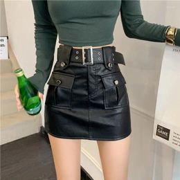 Skirts Women Leather Shorts Belted Female High Waist A-Line Black Slim Skirt Fashion Streetwear