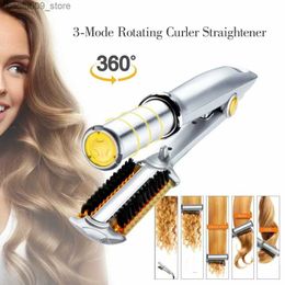 Curling Irons 2-in-1 curler straightener styling tool LCD ceramic rotating hair wave magic curler iron. brush Q240425