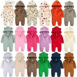 Rompers 2023 Newborn Baby Winter Fleece Hooded Romper Solid Cotton Thick Warm Casual Bear Jumpsuit 0-24M Infant Korean Outfits Clothes d240425