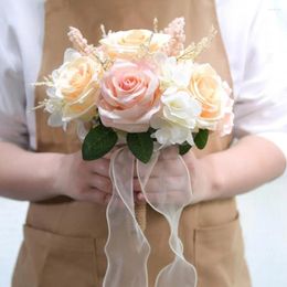 Decorative Flowers Artificial Multicolor Rose Long-lasting Realistic Reusable Wedding Bouquet With Ribbon Bowknot