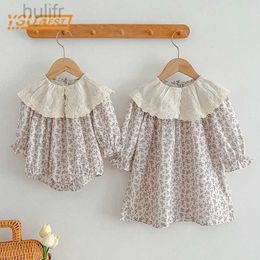 Rompers Infant Kids Baby Girls Long Sleeve Lace Collar Flower Print Sisters Dress Autumn Kids Baby Girls Princess Clothes Rompers d240425