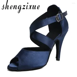 Dance Shoes WUXIJIAO Brand Latin Dark Blue Satin Women's High Heel 10cm Soft Outsole